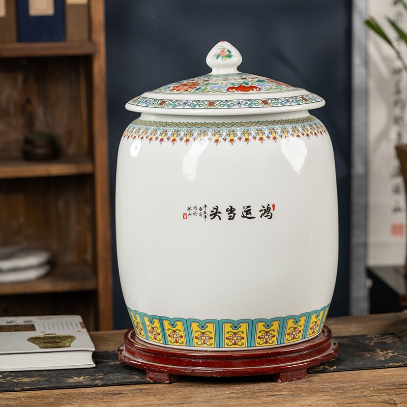 鸿运当头陶瓷大口米缸油缸水缸20斤景德镇家用带盖米桶防潮密封罐