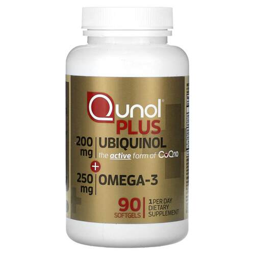 Qunol,加上泛醇 + Omega-3，200 毫克+ 250 毫克，90 粒软胶囊