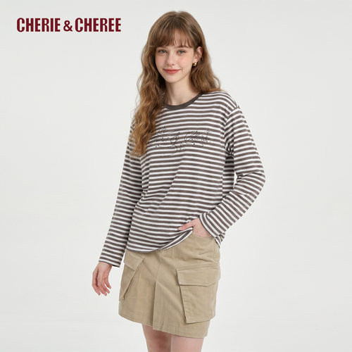 CHERIE&CHEREE26秋字母烫钻条纹宽松长袖松弛上衣T恤CC6WLX2T090