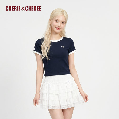 CHERIE&CHEREE26夏运动条纹圆领短袖T恤女CC6WCX5T560