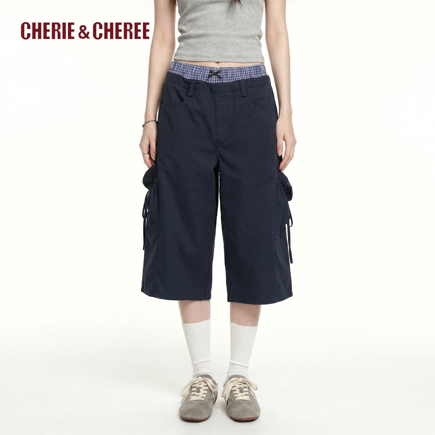 CHERIE&CHEREE26夏假两件腰头拼接格纹宽松休闲中裤CC6WCX3U063