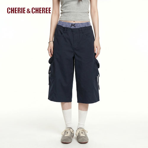 CHERIE&CHEREE26夏假两件腰头拼接格纹宽松休闲中裤CC6WCX3U063