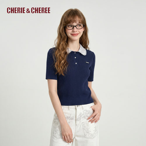 CHERIE&CHEREE26夏格纹Polo领拼接针织衫短袖上衣通勤CC6WCX4B238