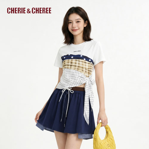 CHERIE&CHEREE26夏拼接不对称系带T恤韩系设计感短袖CC6WLX1T011
