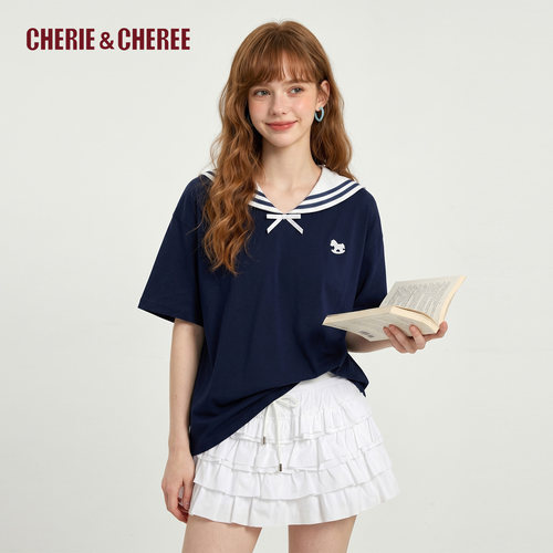 CHERIE&CHEREE26夏海军领立体动物装饰中袖短袖T恤CC6WCX4T226