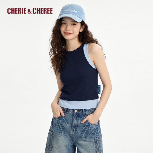 CHERIE&CHEREE26夏韩系假两件撞色拼接针织背心吊带女CC6WCX4T219