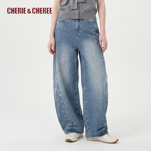 CHERIE&CHEREE26秋季牛仔工装弯刀裤浅色宽松阔腿长裤CC6WLX5N513