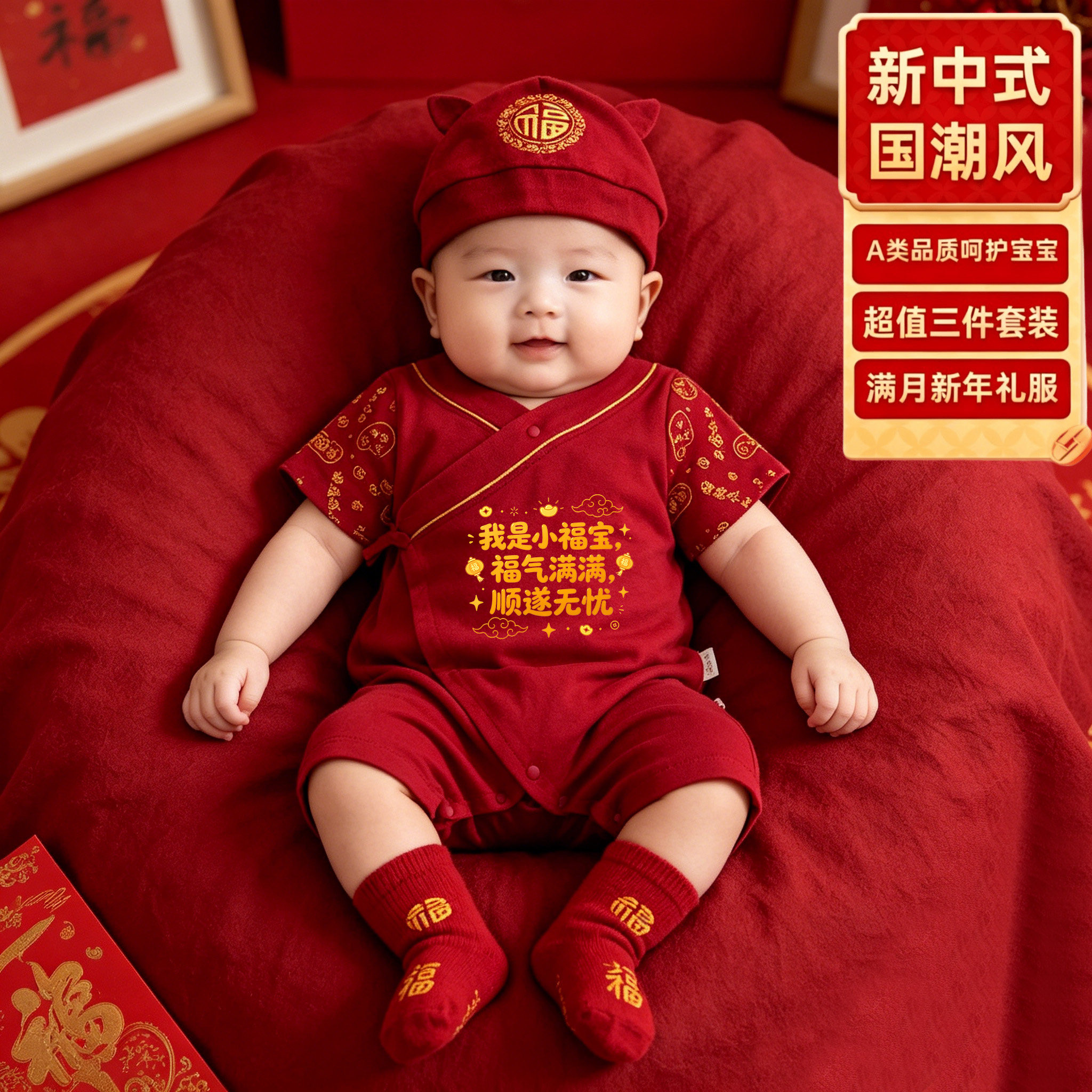 新中式国潮婴儿红色满月百天礼服