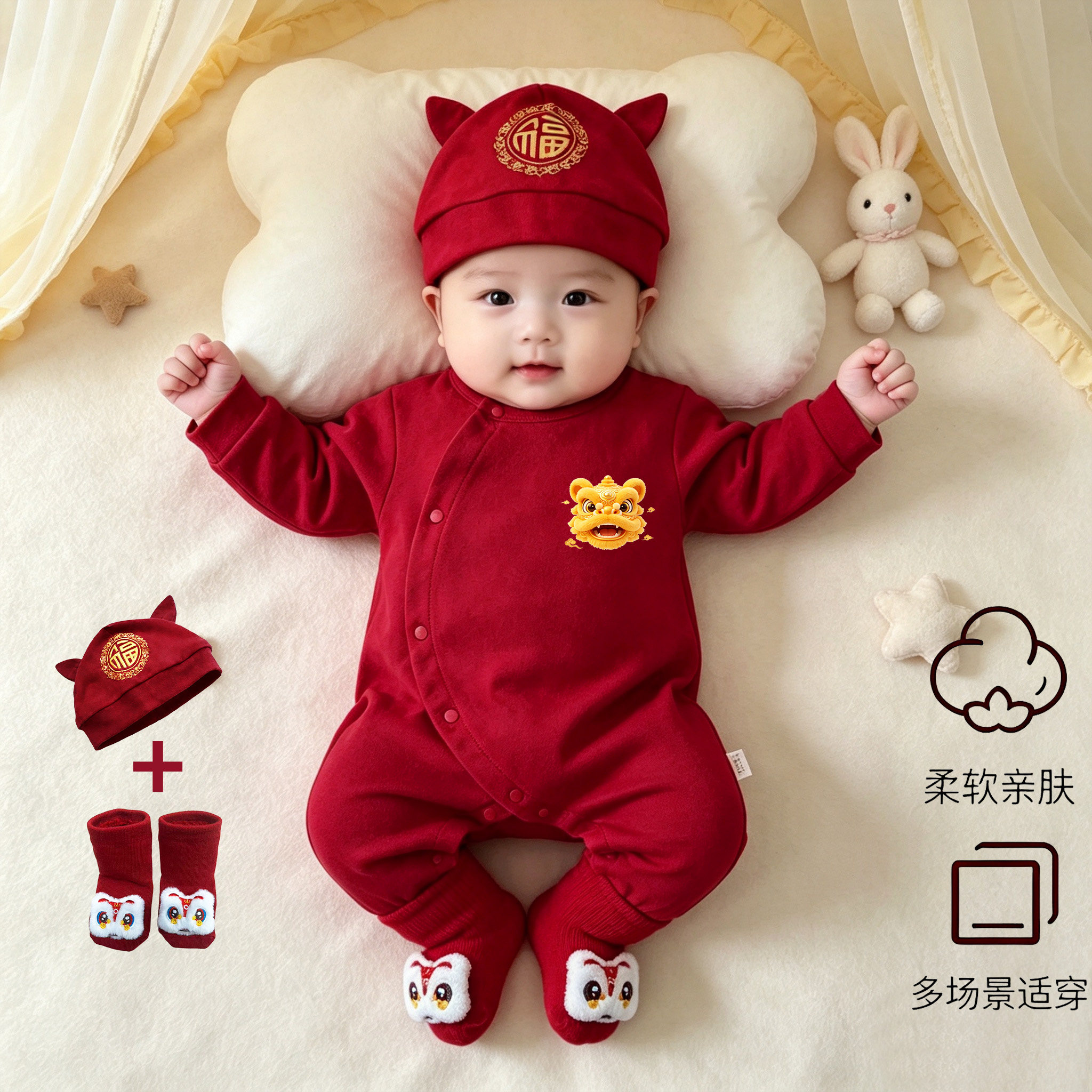中国风喜庆婴儿哈衣纯棉长袖爬服