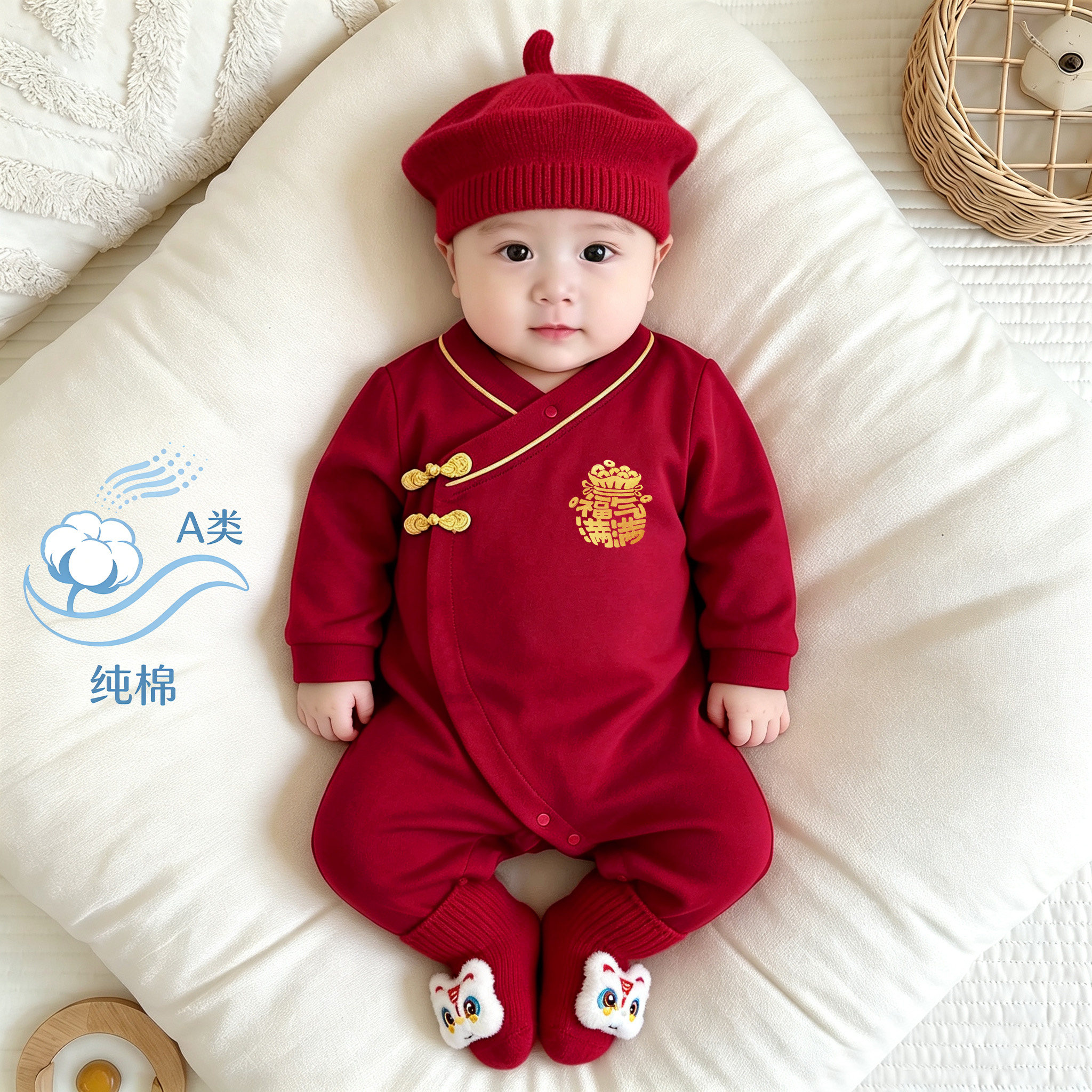 中国风纯棉婴儿连体衣新年套装