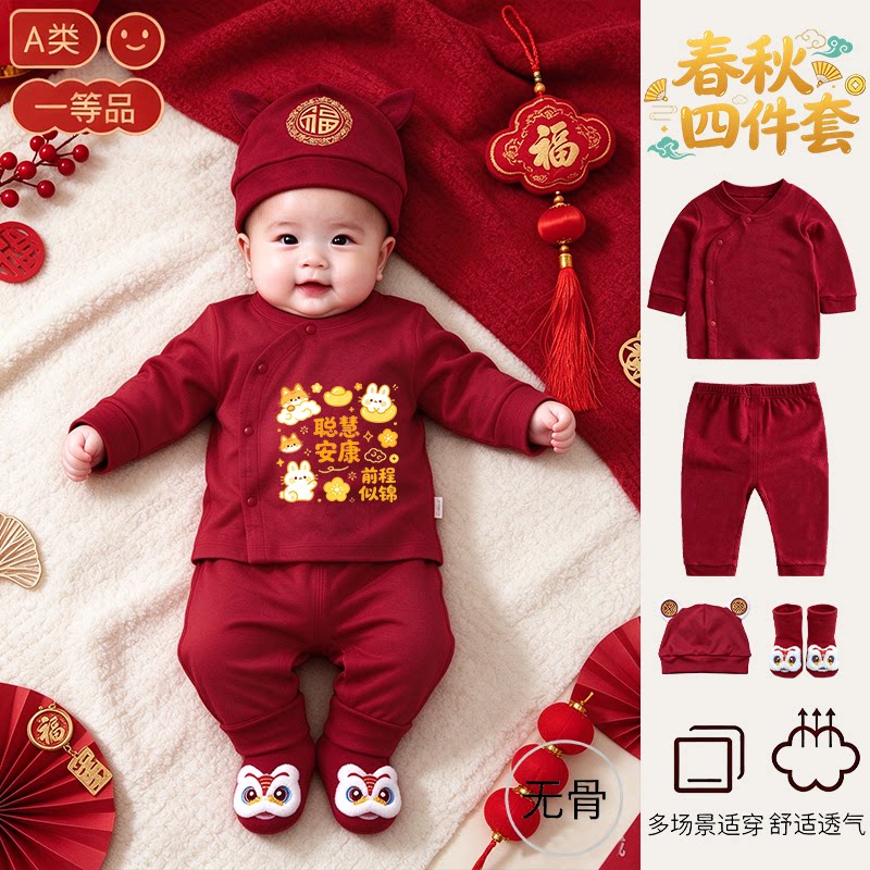 春秋A类无骨新生儿满月礼服四件