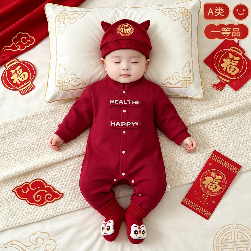 新中式纯棉婴儿满月百天礼服套装