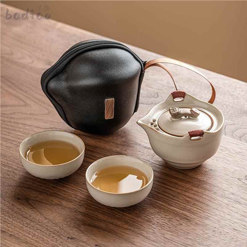 极素米黄汝窑旅行茶具套装便携式户外露营陶瓷快客杯一壶二杯单人