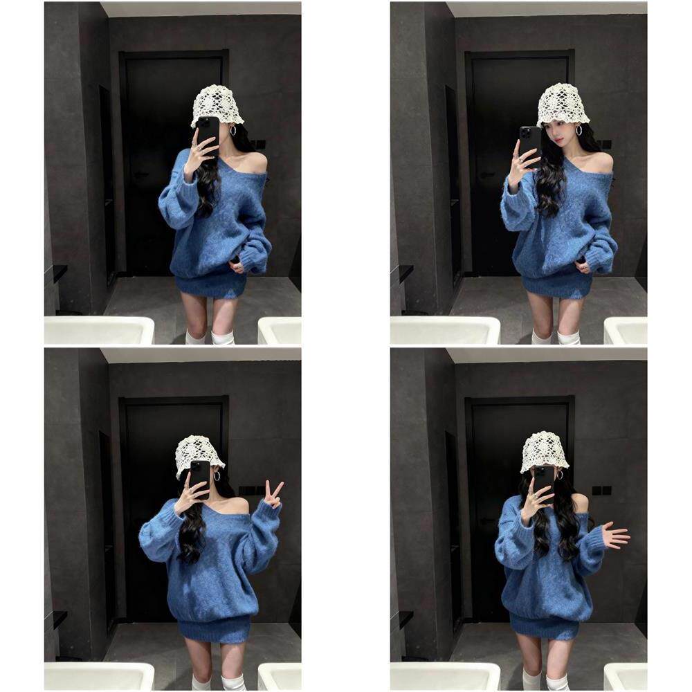 套装女2025新款韩系纯欲风性感露肩蓝色毛衣女高腰显瘦包臀半身裙
