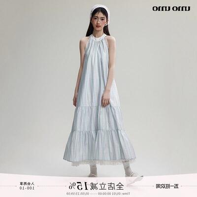 umoumo乌蘑夏季格纹抽皱裙子蝴蝶结挂颈洋装温柔收腰长裙