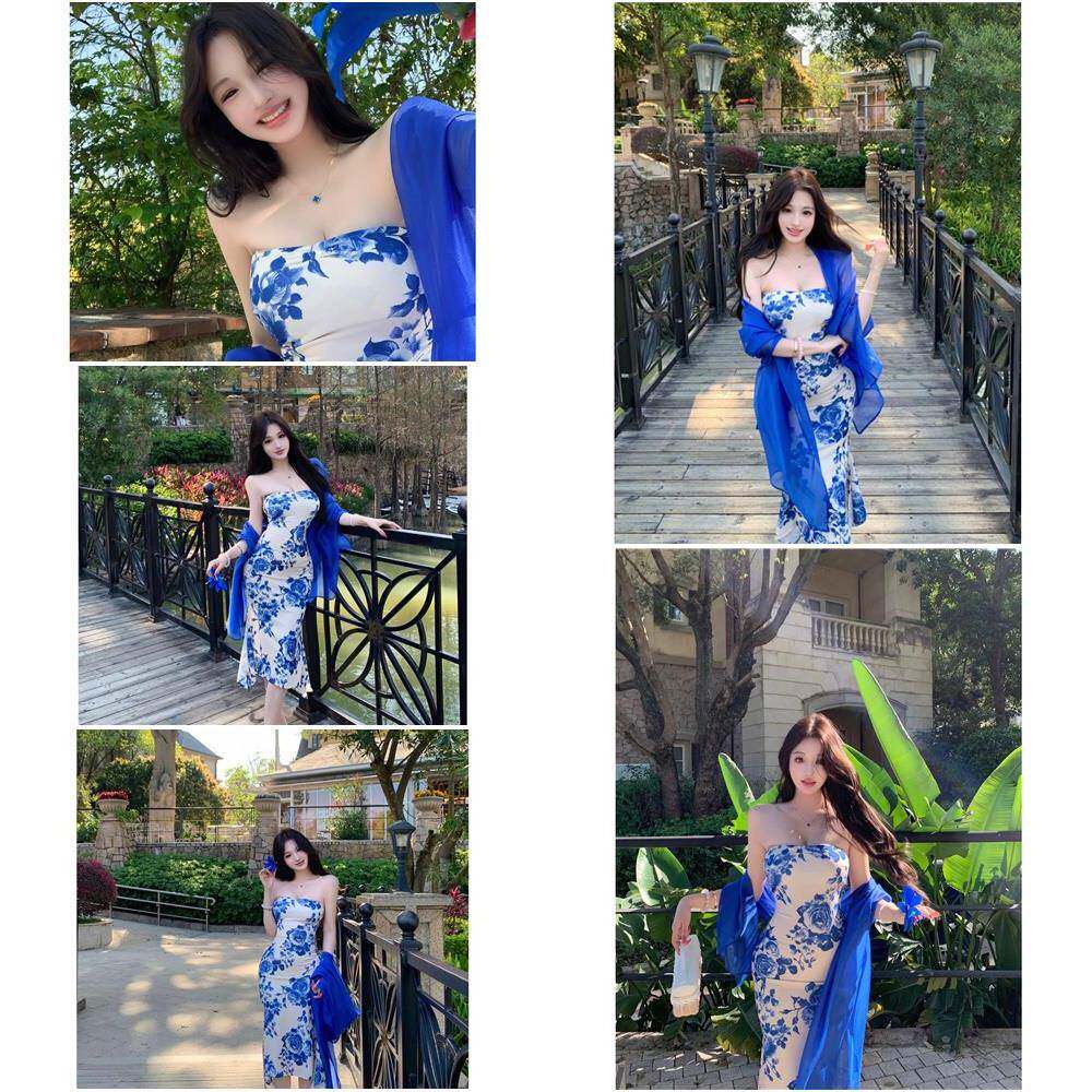 青花瓷蓝色印花无袖抹胸连衣裙女夏季修身中长款纯欲收腰包臀裙子