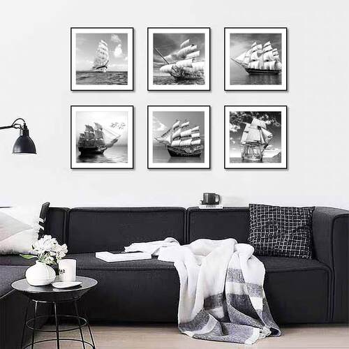 办公室工业风e装饰画黑白挂画现代简约帆船餐厅壁画客厅卧室背景