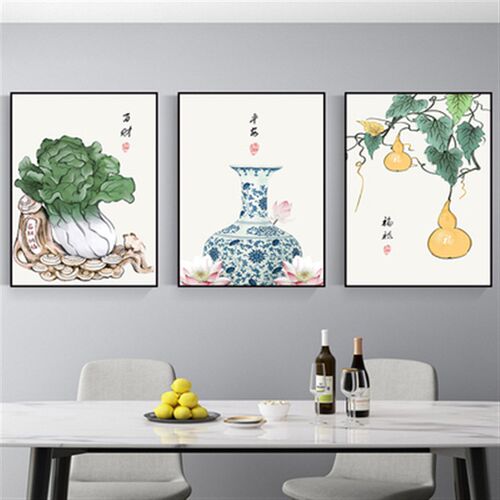 新中式餐厅装饰画餐馆饭厅饭店挂画厨房餐桌背景墙画三联壁画