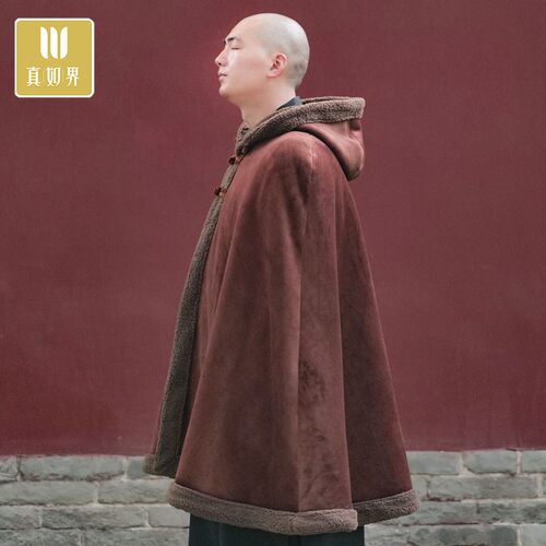 真如界僧服银狐绒冬季斗篷打坐披风僧人禅修加厚保暖僧衣连帽披风