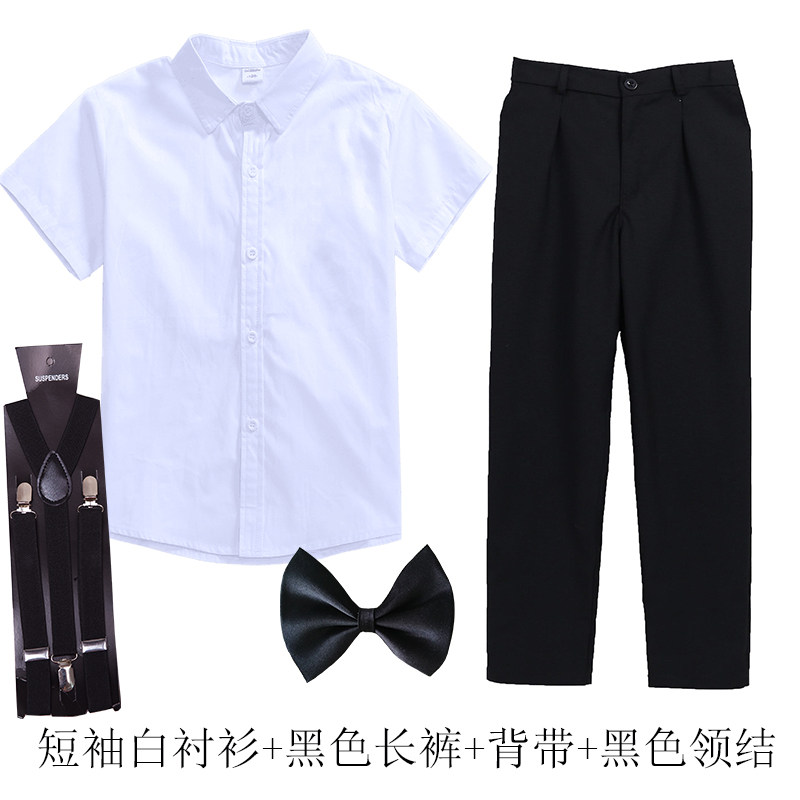 男童白衬衣黑裤子套装学生表演长袖白衬衫婚礼花童春秋季演出礼服