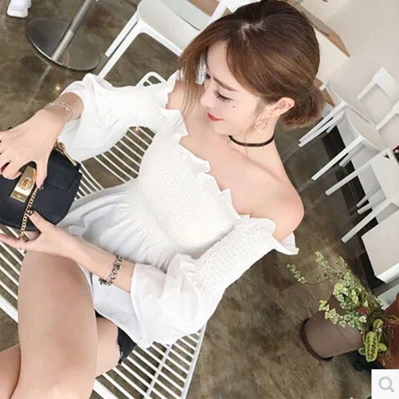 喇叭袖木耳边一字肩白色衬衫女露肩收腰上衣百搭夏季新款