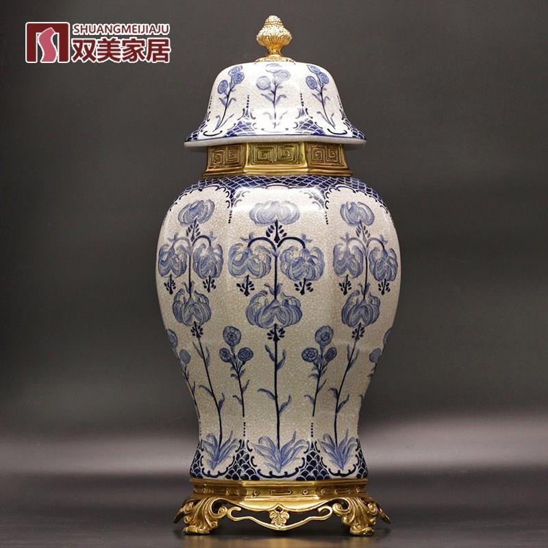 中式青花瓷将军罐家居大号美式装饰铜欧式摆件客厅奢X华玄关摆设
