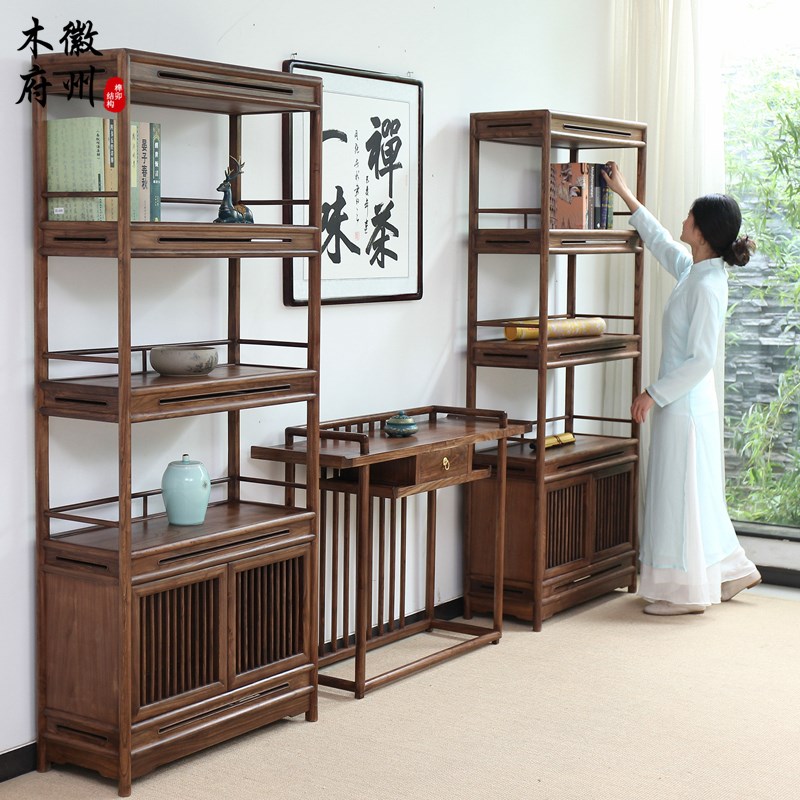 徽州木府新中式书架展架博古架榆木茶叶茶具展示架实木三件套包邮
