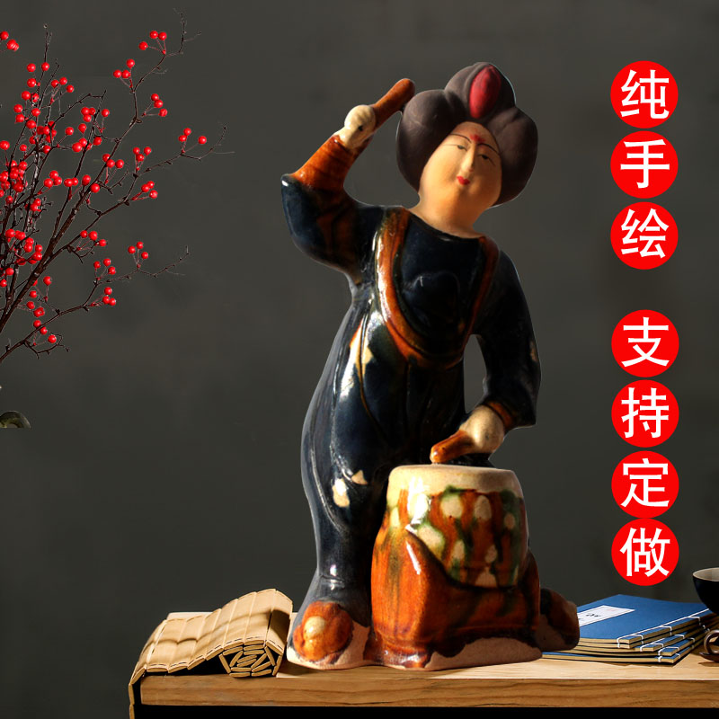唐仕女摆件乐器俑侍女陶俑胖妞肥婆古玩收藏仿古唐三彩仕女陶瓷