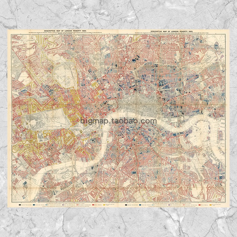 1889年伦敦贫困描述地图 欧式英伦复古怀旧别墅客厅装饰壁挂画芯