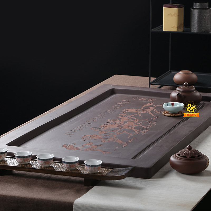 宜兴手工紫砂茶盘 八骏马图案干泡茶台 中式风格功夫茶具