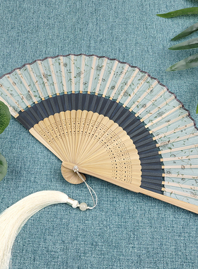中国风双节布面折扇 流金海岸复古旗袍汉服搭配扇子 便携夏季舞蹈