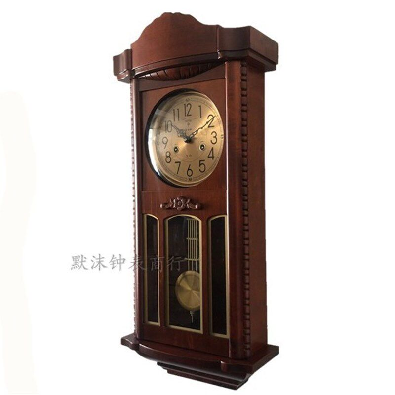 老式北极星纯铜机芯报时 中式客上弦打点发条摇摆实木机械挂钟表