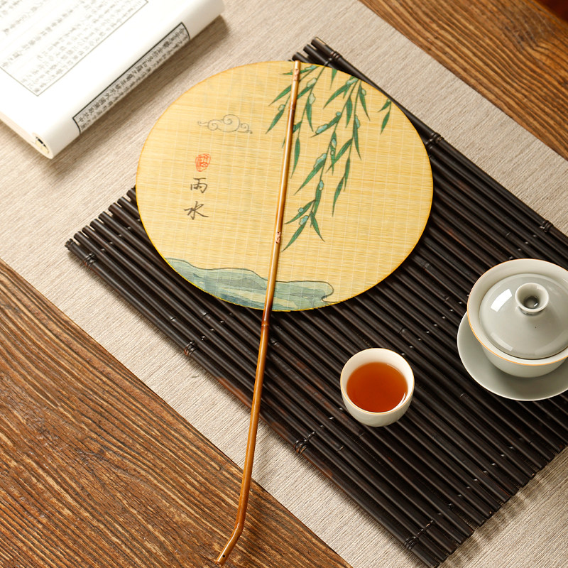 夏季大漆楠竹团扇古风汉服中国风长柄腰扇二十四节古典便携挂腰扇