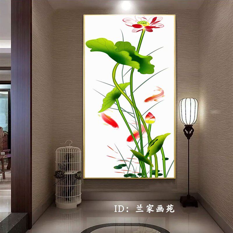 中式轻奢水墨山水晶瓷画荷花九鱼图莲年有余走道玄关墙锦鲤装饰画