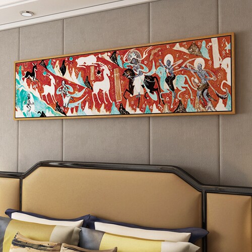 网红新中式卧室床头装饰画九色鹿敦煌壁画客厅背景墙宾馆酒店横幅