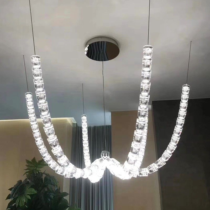 LED水晶吊灯项链发光绳子灯楼梯灯长吊灯轻奢链条灯臂发光水晶灯U