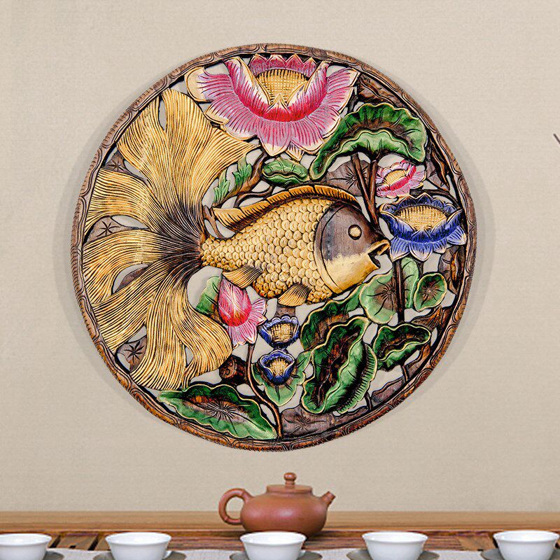 泰国柚木木雕工艺品壁挂金色鱼雕花板客厅圆形玄关背景墙装饰壁挂