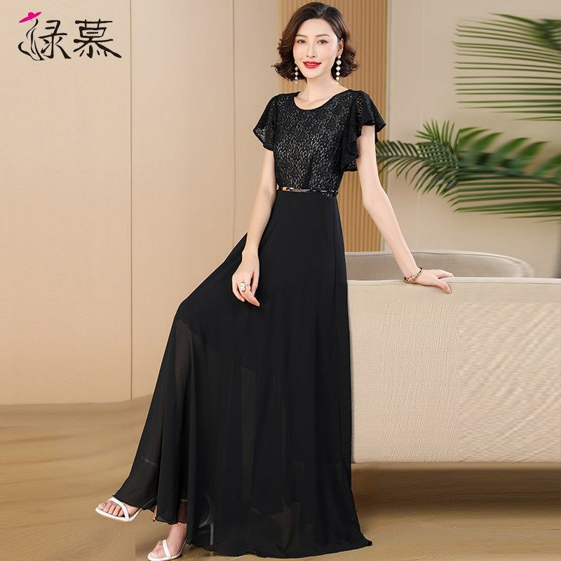 高级感黑色连衣裙2025女新款高端气质修身显瘦腰带超长裙到脚踝