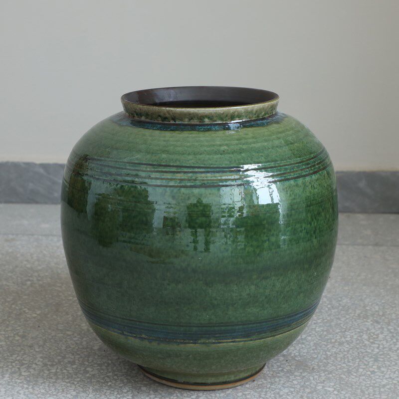 景观园林装饰插花摆件简约绿色大型月亮罐陶瓷落地花瓶油画罐民宿