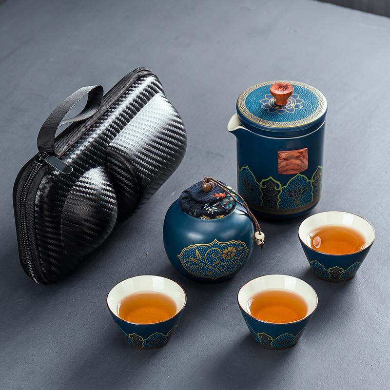 陶瓷旅行便携款包杯三杯茶叶罐整套功夫茶具套装礼品礼物