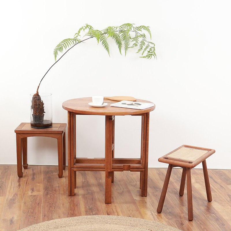 北欧日式中复古圆餐桌柚木原实木折叠桌多功能玄关边几榫卯怀旧