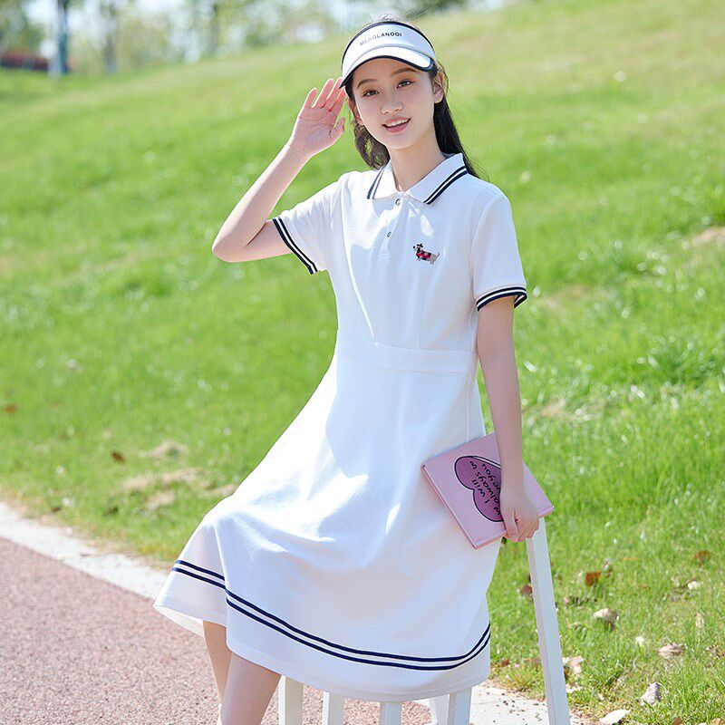 初中生少女连衣裙夏季A字裙大童女学生polo翻领裙子学院风中长款