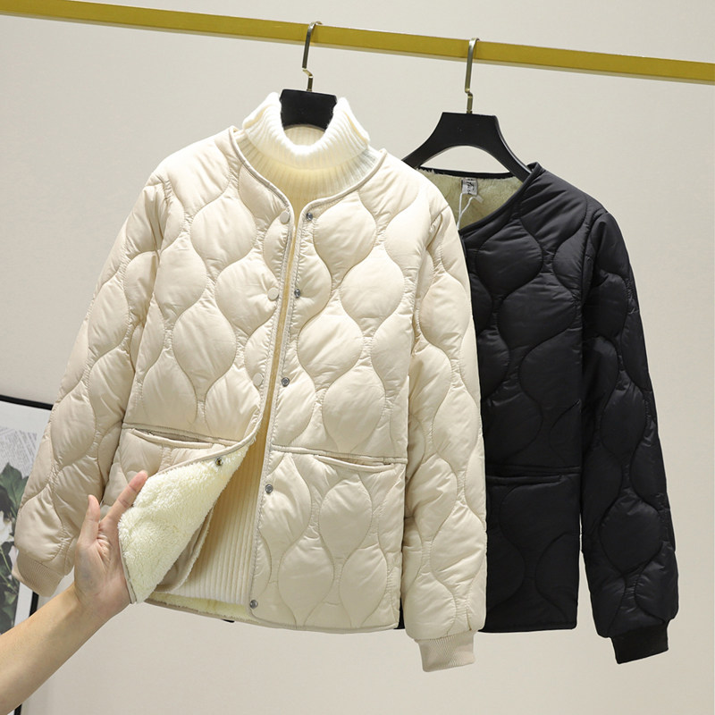 短款加绒菱格棉衣女时尚新款无y领小个子宽松大码加厚棉服保暖棉