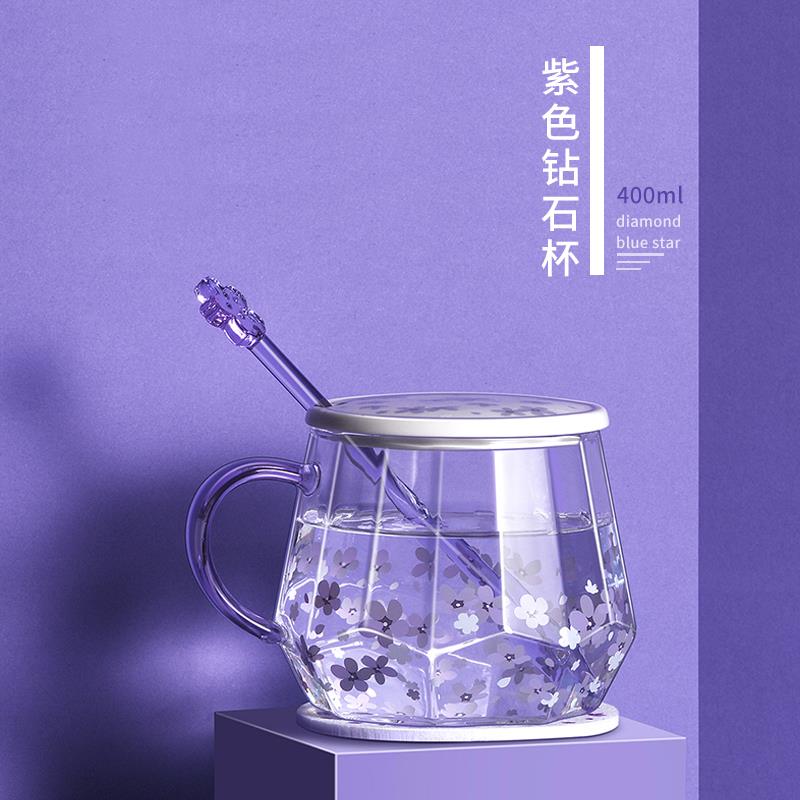 蓝星花耐热玻璃杯水杯女清新可爱少女E心紫色印花咖啡杯ins茶杯子