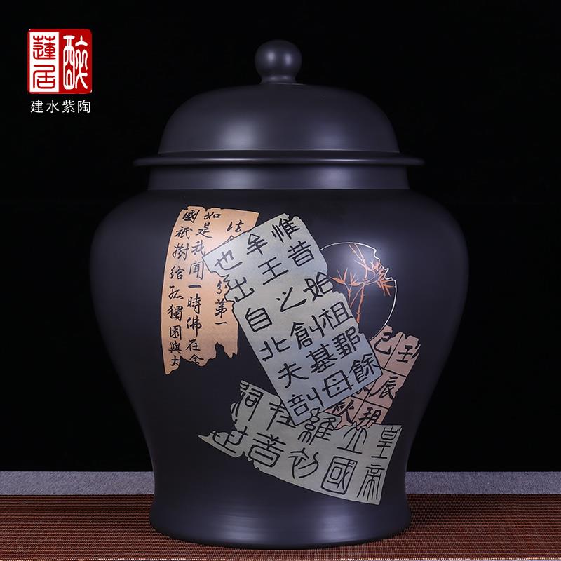 彩填21饼大将军储茶罐 云南建水紫陶/普洱饼茶缸茶T罐茶叶罐 C55