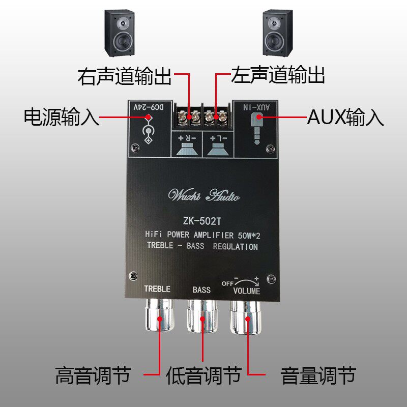 50W*2高低音调节前级音频功放板模块低音炮蓝牙5.0双声道立体声