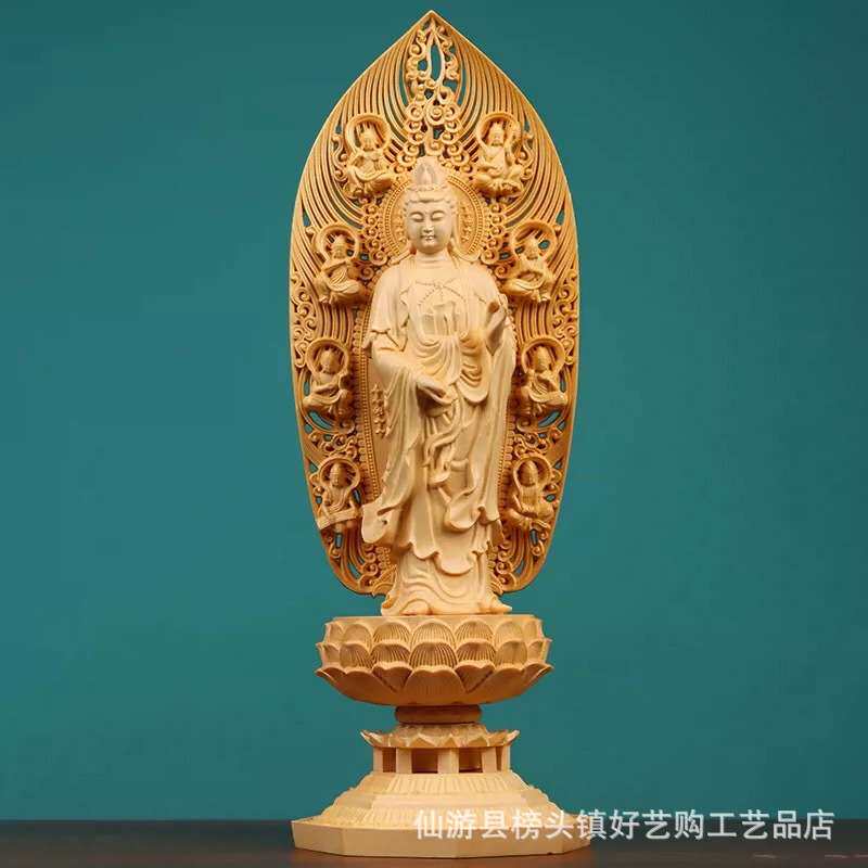 桧木雕刻西方三圣摆件实木 阿弥陀佛观世音大势至菩萨像家居装饰
