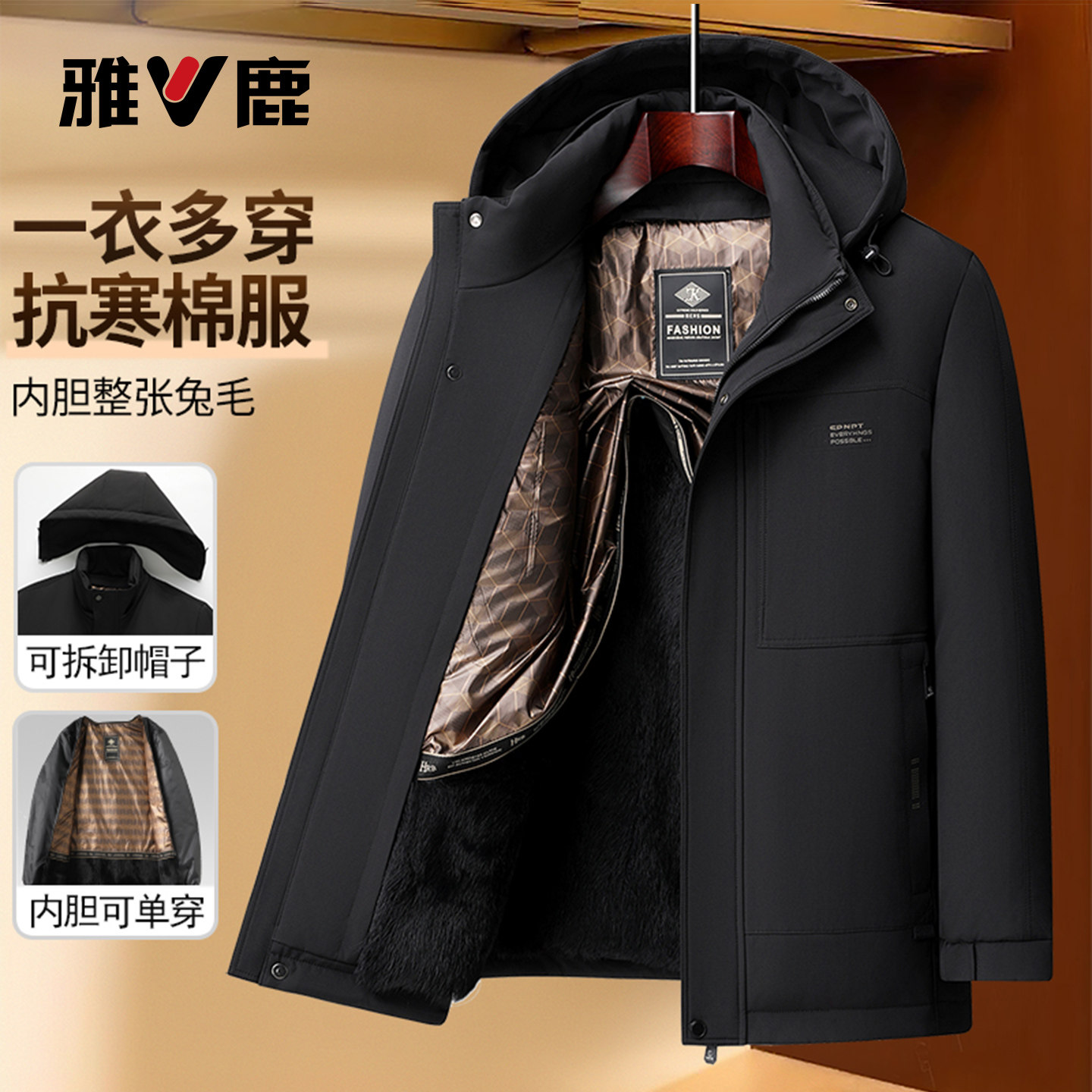 【兔毛皮草可拆卸内胆】加绒加厚爸爸装冬季棉衣中老年男保暖棉服