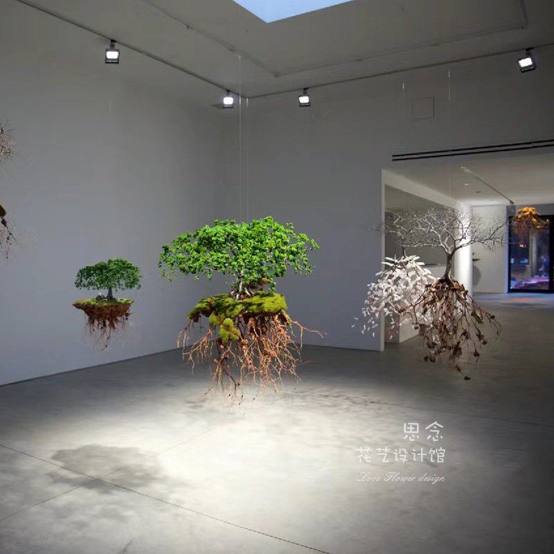 室内悬浮树吊钟松树花艺软装装置艺术高端室内挂壁意境样板房
