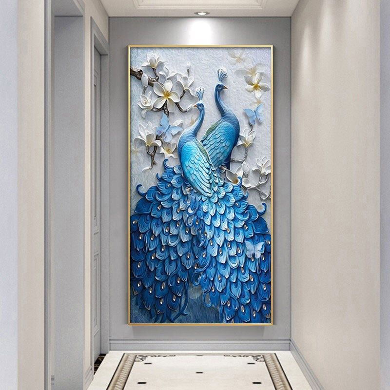 入户客厅玄关装饰画现代简约竖版背景H墙壁画走廊过道挂画孔雀镶